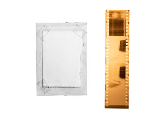(35 mm.) film collections frame and old paper.With white space.film camera.	
