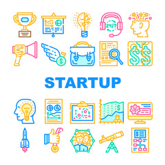 Startup Business Work Collection Icons Set Vector. Researching Market And Analyzing Price For Startup, Creative Brainstorm And Counting Money Profit Line Pictograms. Contour Color Illustrations