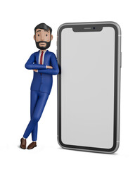 3d character. Businessman leaning on the cell phone 