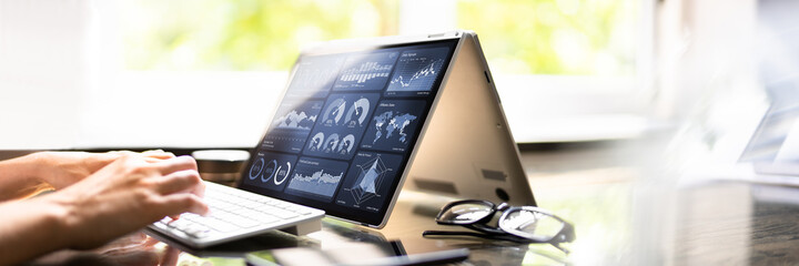 Analytics Dashboard On Laptop Screen. Woman