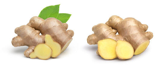 Fresh ginger root, slices and green leaves isolated on white background, collection.