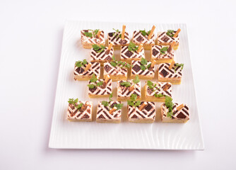 mini coffee tiramisu pastry cream cake dessert on party tray in white background for Christmas festival menu
