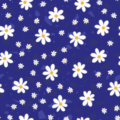 Daisies pattern or chamomile. Backgrounds for scrapbook. Seamless background with white daisies on blue. Pattern for textiles, fabrics, bed linen, wallpaper. Decorative print with chamomile. Vector 