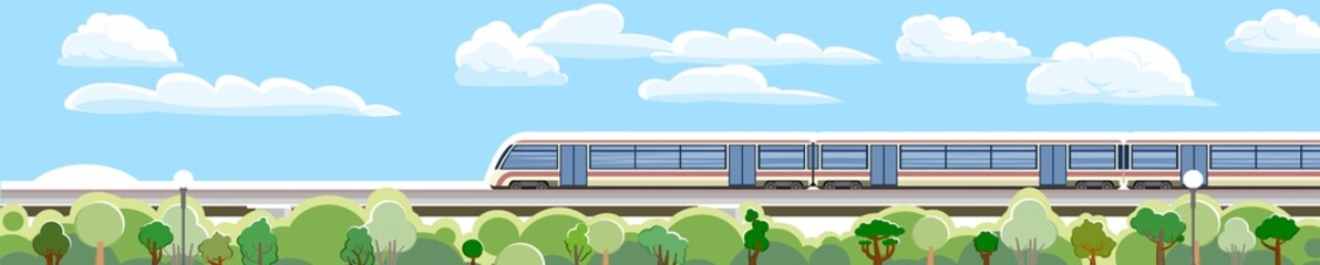 High-speed train on the bridge. Suburban transport. Railway with a locomotive. Forest. Modern outdoor landscape. Cityscape with the road. Flat style design. Vector