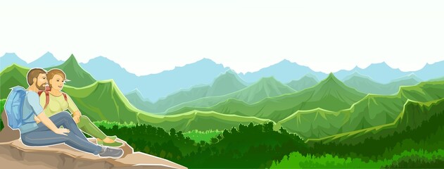 Obraz na płótnie Canvas Man and woman are sitting on a cliff. Stone rock. The climber is resting at the height. A hiker with a backpack admires the view. Adventure over the horizon. Flat style. Vertices. Illustration vector