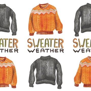 Handwriting watercolor lettering sweater weather with orange grey cozy sweater seamless pattern. Use for poster, print, card, postcard, template, design, pattern, shop, store, marketing, textile
