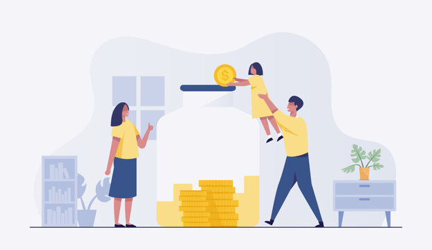 save money concept. Father and mother teach children to save money. Saving money - home, budget, financial management. vector illustration