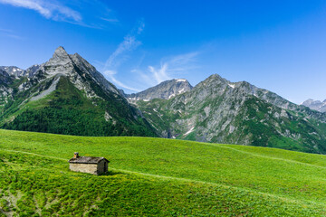 Beautiful mountain landscape with a meadow and a small farm. View of the Pique valley from plateau Campsaure. Hiking from the Hospice de France at the Pyrenees © Silvia