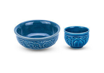 Empty blue bowl and Tea cup on white background