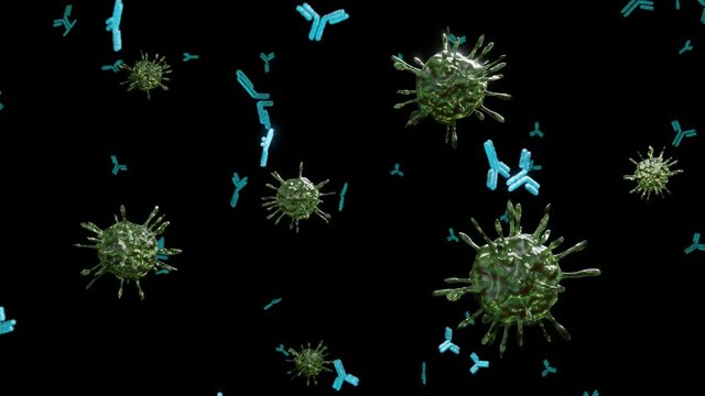 Close-up of dissolving virus under microscope. Antibodies attack and destroy the coronavirus. SARS-CoV-2 COVID-19 pandemic cure or vaccination concept. Realistic high quality medical 3D Rendering
