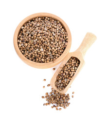 Coriander seeds top view on white background