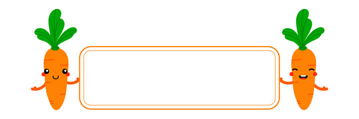 Couple of cute happy cartoon style orange carrot vegetable character holding in hands blank card, banner.
