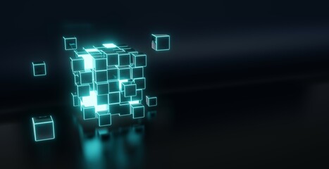 Abstract 3d rendering of a flying cube. Sci fi shape in empty space. Futuristic background.