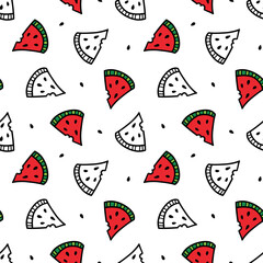 Doodle watermelon slices with bite marks and seeds vector seamless pattern background.