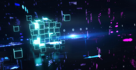 Abstract 3d rendering of a flying cube. Sci fi shape in empty space. Futuristic background.