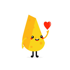 Cute smiling cartoon style cheese chunk character holding in hand red heart. Love and kindness concept.