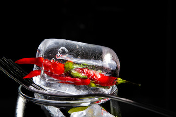 Ice cubes are placed on a spoon that rests on the mouth of a clear glass. Inside is wrapped in red and green peppers on a black background. - Powered by Adobe