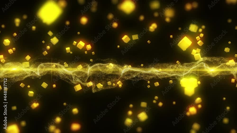 Poster Abstract Gold Particle Organic Swirl Pattern with 3D Cubic Glow 4K Copy Space Blur Motion Background