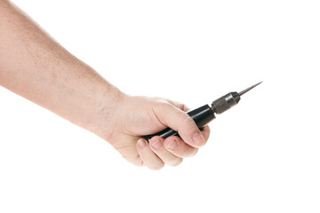 Hand holds an awl on a white background, template for designers