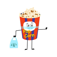 Cute popcorn character in a holiday box with sad emotions, face and mask keep distance, hands with shopping bag and stop gesture. Funny snack for cinema and films