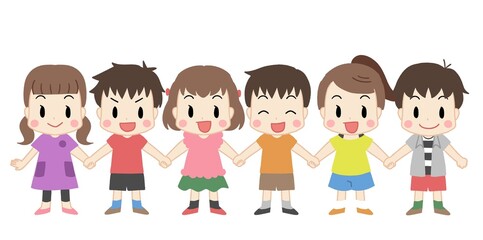 手をつなぐ笑顔の子供たち　主線なし