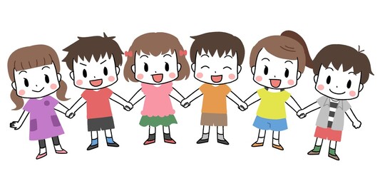 手をつなぐ笑顔の子供たち　主線あり