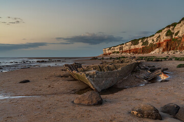 The Wreck of the Steam Trawler Sheraton in the evening light at the Hunstanton Cliffs in Norfolk,...