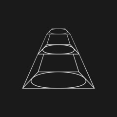 Retrofuturistic perspective of a prism with circular planes. Cyber retro design element. Prism in cyberpunk 80s style. Perspective for poster, cover, merch in retrowave style. Vector