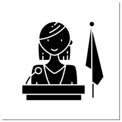 Woman president glyph icon. Woman saying an inspiring speech. Main career. Successfully strong woman concept.Filled flat sign. Isolated silhouette vector illustration