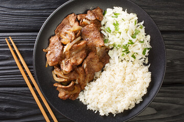 Shogayaki Japanese Pork Stir-Fry with Grated Ginger Sauce with rice and cabbage or salad closeup in the plate on the table. horizontal top view from above
