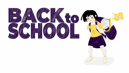 A little schoolgirl is carrying a heavy backpack. Slogan Back to School. Girl with a large schoolbag. Upset girl going to school. Cartoon illustration in flat design with quote, isolated on white.