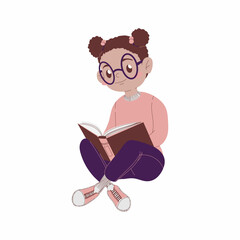 Little African American girl with glasses sits and reads a book. Concept back to school and study. Schoolgirl with glasses is studying. Vector illustration in cartoon flat style. Isolated on white.