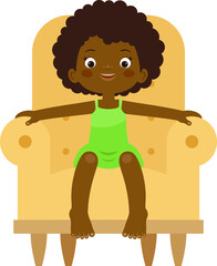 Happy black little girl sitting in a  big chair. Vector illustration