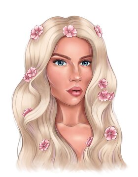 Portrait of blonde hair girl with pink flowers in her hairstyle. Fashion illustration isolated on a white background. Digital hand drawn portrait in sketch style. Good for avatar, logo, design, print.