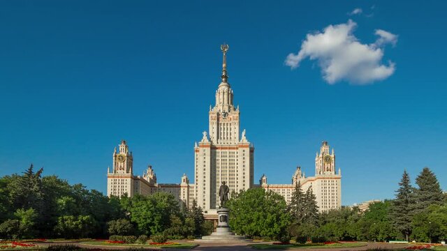 Moscow State University main building and Lomonosov monument. Iconic building and sightseeing in Moscow, Russia. 4K Time lapse 60 fps
