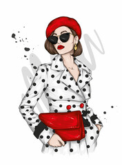Pretty girl in a clothes and beret. Vector illustration. Fashion and style, clothing and accessories.  - 448191901