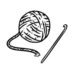 Yarn and crochet hook doodle cute cartoon image. Hand made comic style logo. Media highlights symbol