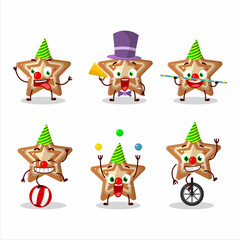Cartoon character of gingerbread star with various circus shows