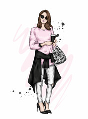 Beautiful girl in stylish clothes and coffee. Vector illustration for a postcard or poster, print. Fashion and style, clothing and accessories.