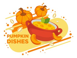 Pumpkin dishes, soup served with slices vector