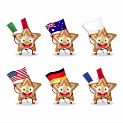 Gingerbread star cartoon character bring the flags of various countries