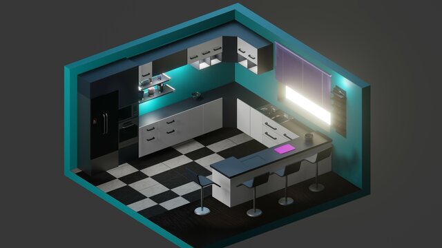 Diseño de una sala de cocina moderna isométrica en 3D