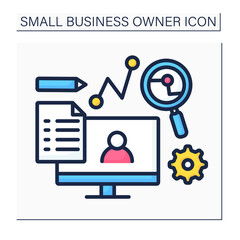 Computer color icon. Visual assistant technical equipment. Examination, analysis issues. Consultation for clients. Small business owner concept. Isolated vector illustration