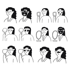 Problems with skin. Set of icons young woman doing skincare routine. Face mask, eye patch, nose patch, face cream. Outline vector illustrations.