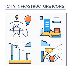 City infrastructure color icons set. Planning city, video surveillance, street lightning, electricity supply. Industrialization Isolated vector illustrations