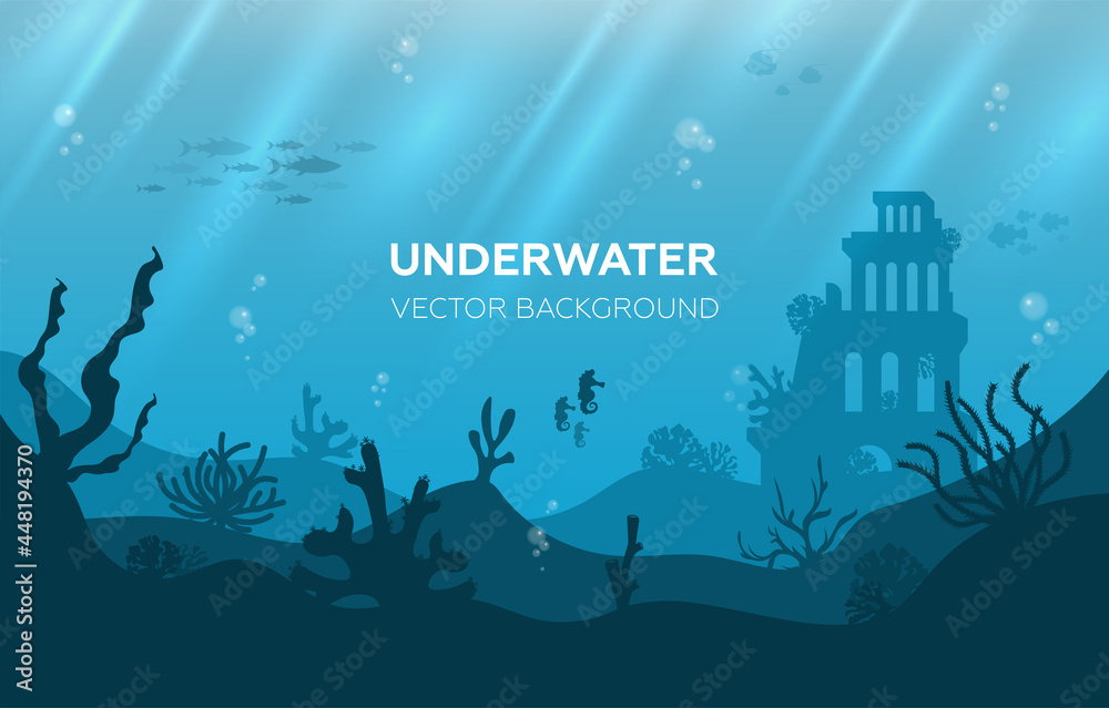 Wall mural underwater background with various sea views. underwater scene. cute sea fishes ocean underwater ani - Wall murals