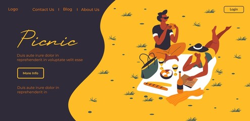 Picnic in park, couple on blanket with food web