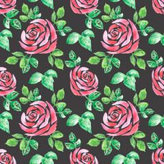 Watercolor seamless pattern with bright roses on a dark background