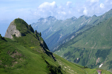 Panoramic view of ridge at mountain Brienzer Rothorn at Bernese Highland on a beautiful sunny summer day. Photo taken July 21st, Flühli, Switzerland.
