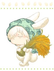 稲穂を運ぶ　手拭いをかぶるウサギさん　単品　緑色ver